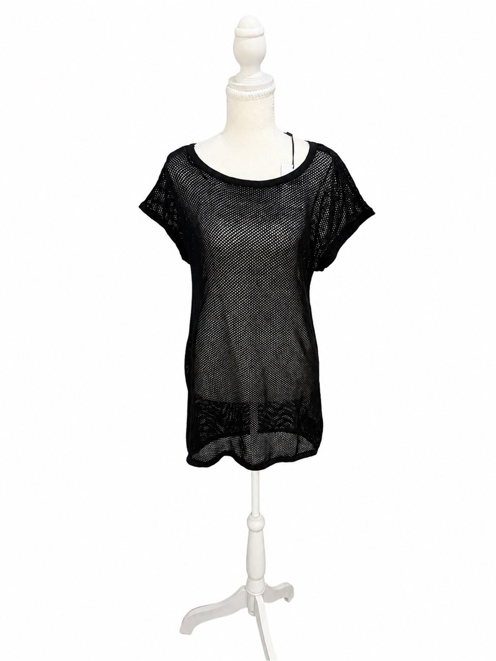 Halston Studio Black Mesh Knit Coverup Sweater NWT XS Sheer Fishnet Tunic